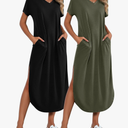 Riyiper 2 Piece Women's Short Sleeve Maxi Dress with Pockets V Neck Split Casual Loose Long Summer Beach Shirt Dress, Size XXL