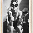 iHery Natural OAK Wood Framed Girl On Toilet Wall Art, 12x16in Canvas Woman On Toilet Smoking and Drinking Wine, Black and White Print, Funny Bathroom Art, Retro Wall Decor Set of 1