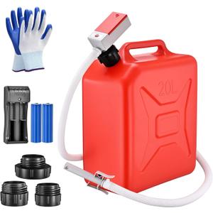 Portable fuel transfer pump with automatic shut-off, flow rate 3.8 gallons per minute, 51-inch hose, includes 4 tank adapters, suitable for gasoline, diesel, motor oil, and urea (Red)