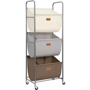 STORAGE MANIAC 120 Liters Vertical Rolling Laundry Hamper, 3 Section Laundry Sorter with Wheels and 2 Breaks, 3-tier Laundry Baskets for Small Space, Dorm, Laundry Room, Closet, Multicolored 3-tier