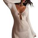 ZAFUL Womens Swimsuit Cover Up Dress Off Shoulder Hollow Coverup Bathing Suit Mesh Swim Beach Dress 9-White M