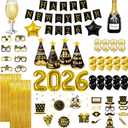 New Years Eve Party Supplies 2026, Happy New Years Decorations, Happy New Year Banner, Hats, Glasses, Hanging Swirls, Black Gold Balloons, Photo Props, Champagne Wine Glass 2026 Foil Balloon, Curtain