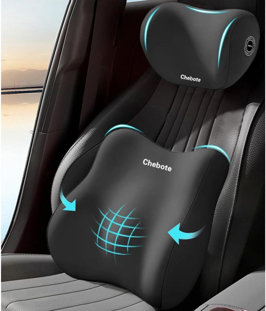 Car Seat Headrest and Lumbar Support kit, Ergonomic Memory Foam Neck Pillow and Back Cushion for Drivers, Suitable for Car/Office Chair (Black)