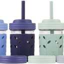 Elk and Friends Kids + Toddler Glass Cups | The Original 8oz Glass Mason Jar with Sleeves + Lids | Silicone Straws + Stopper | Smoothie Cup | Food Storage | Spill Resistant | Dishwasher Safe | 4 Pack (Gray/Sage/MistyBlue/Navy)