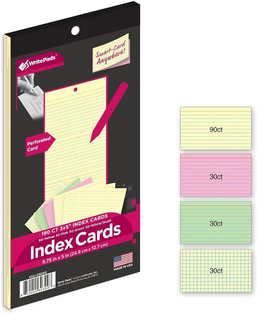 KAISA Index Cards 3x5 Flash Cards, Perforated Smart Card, 150pcs Ruled Colored Notecards and 30pcs Canary Graph Cards Thick Index Card Notebook with Punching Hole for Studying School Suplplies