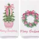 Chinoiserie Christmas Kitchen Towels, Pink Bow Coquette Christmas Tree Dish Towels for Kitchen Bathroom, Pink Christmas Hand Towels for Bathroom Kitchen, Grandmillennial Decor,Set of 2,16x24 Inches