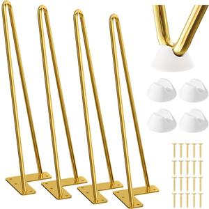 SMARTSTANDARD 16 Inch Hairpin Furniture Legs, 3/8'' Rods Metal Home DIY Projects for Nightstand, Coffee Table, Desk with Rubber Floor Protectors, Gold Set of 4PCS