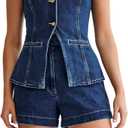 Womens Denim 2 Piece Set Sleeveless Button Down Vest Tops Short Pants Suit Sets (Small, Blue)