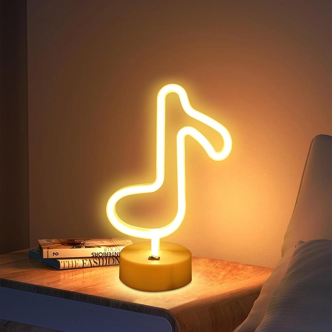 ENUOLI Music Notes Neon Lights with Base Warm White Decor Neon Sign Led Music Notes Night Light Wall Table Decor Battery Operated Creative Lighting Lamp Home Decoration Party Best Gift for Kids