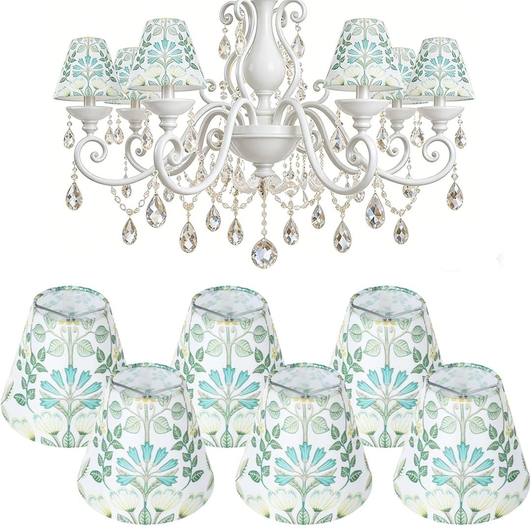 Set of 6 Chandelier Lamp Shades, Small Lamp Shade Plants Printing, Mini Barrel Lampshades Clip On for Table Lamp Wall Lamp Replacement, Mini Lamp Shades for Chandeliers 3x5.1x5.9in (Top Height Bottom)
