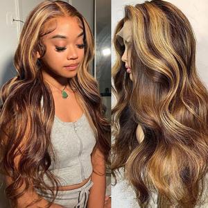 Yllies Honey Blonde Highlight Ombre Middle Part Lace Front Wigs Human Hair T Part HD Transparent Lace Body Wave Wigs 180% Density Brazilian Human Hair 4/27 Colored Glueless Wigs for Women(20 Inch)