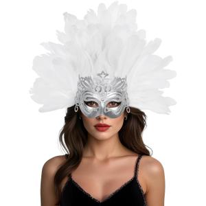 UQJE Venetian Feather Headpiece Mask for Women Luxury Feather Headwear Masquerade Mask for Halloween, Mardi Gras -White