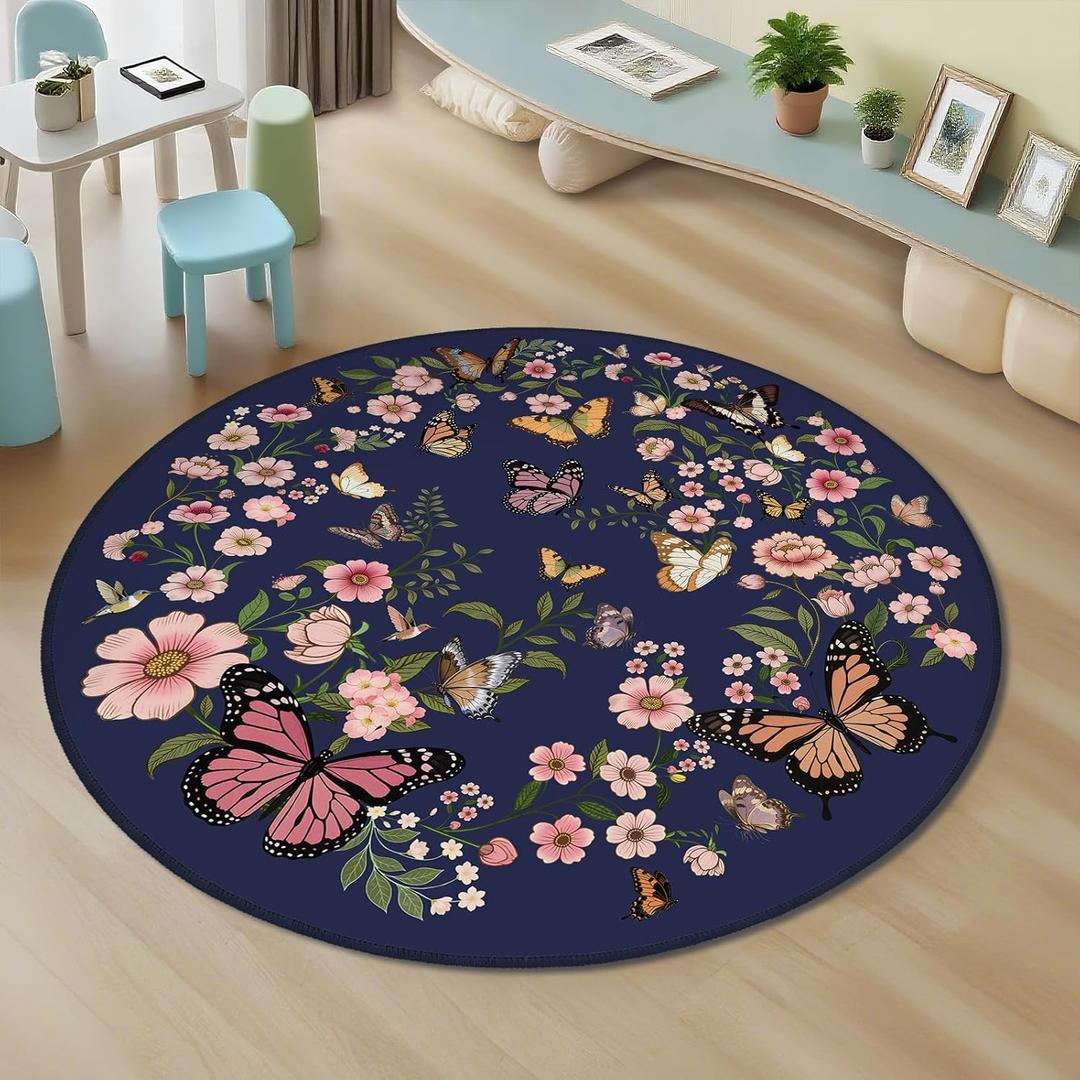 Butterfly Circle Rug 4ft - Washable Round Area Rug Soft Large Circle Carpet for Bedroom Living Room Kitchen Nursery, Blue (Multi 1006)