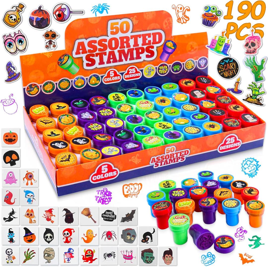 190PCS Halloween Party Favors Toys Stamps Halloween Stickers for Kids Trick or Treat Decorations Treat Bag, Goodies Bags, Classroom Game Reward Prizes