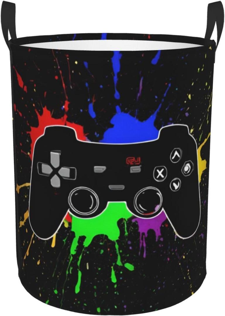 Gaming Theme Round Laundry Hamper Game Joystick Storage Basket Toys Clothes Organizer Bin For Home Bathroom Bedroom Dorm Nursery, 62l