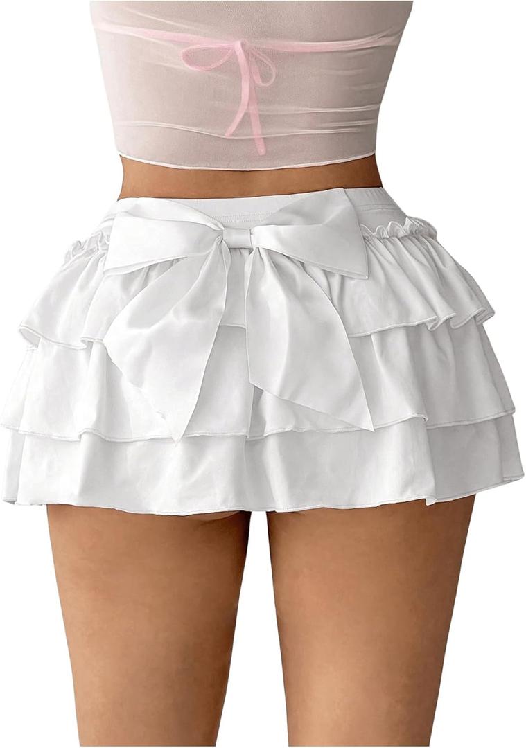 Milumia Women's Y2K Bow Kont Elastic Waist Layered Ruffle Hem Mini Skirts (Large)