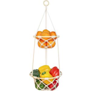 2 Tier Macrame Hanging Fruit Basket, Boho Vegetable Holder for Kitchen Food Storage with Hook, Bohemian Cotton Produce Multi Organizer, Plant Hanger Decor for Home Living Room Women Christmas Gift
