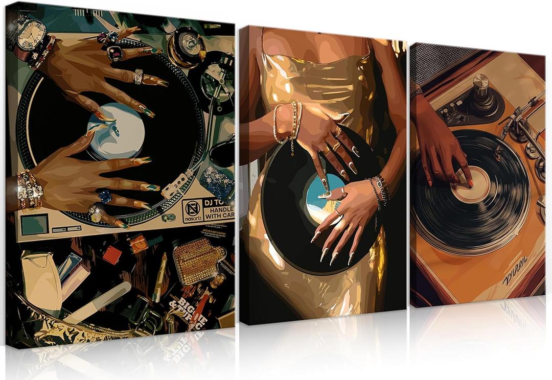 QWETYY666 3Pcs Black Girl Woman Canvas Wall Art African American Women Pictures Wall Decor Funky Black People Room Prints Decor Vintage Music Paintings For Bedroom Home Ready To Hang 16x24in