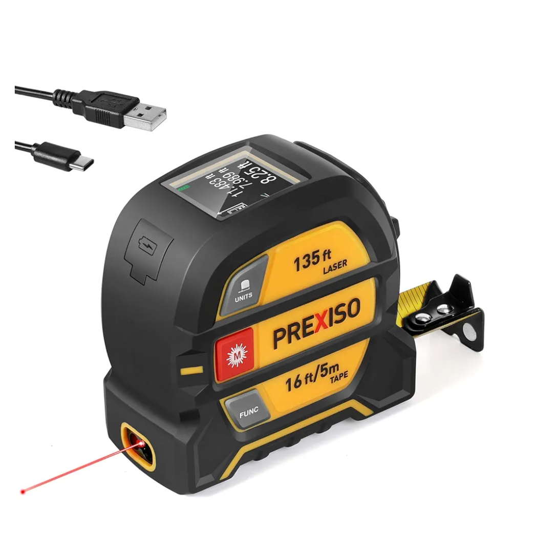 PREXISO 2-in-1 Laser Tape Measure, 135Ft Rechargeable Measurement Tool & 16Ft Measuring Movable Magnetic Hook - Pythagorean, Area, Volume, Ft/Ft+in/in/M Unit NOT Digital
