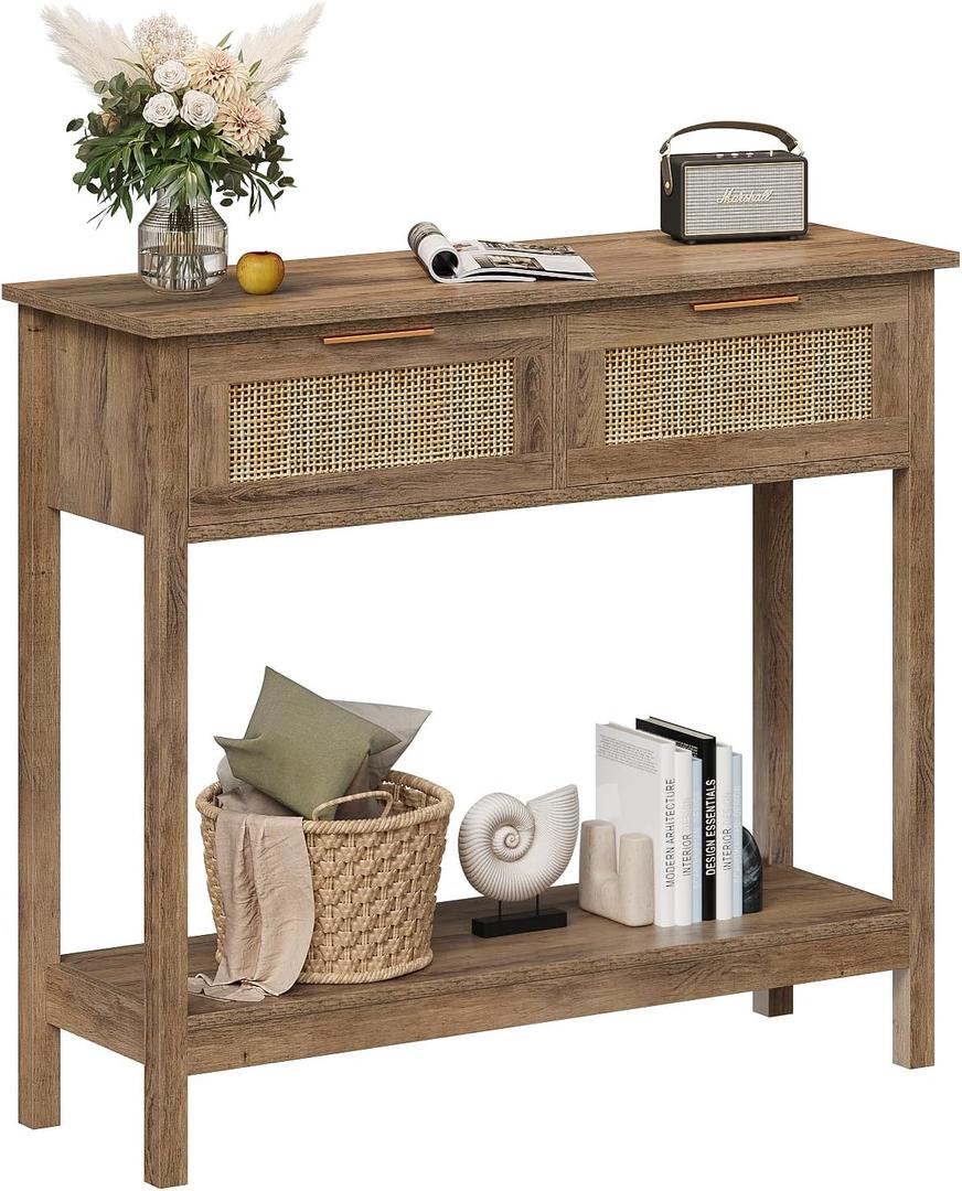 Trironsun Farmhouse Rattan Console Table with 2 Drawers 2 Tier Boho Narrow Long Sofa Table Natural with Open Storage Shelf Wood Entryway Table for Living Room Hallway Foyer