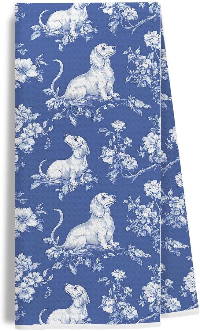 2 x Chinoiserie Dachshund Kitchen Towels, Dachshund Weiner Dog Lover Gifts Dish Tea Towels for Kitchen Decor, Grandmillennial Weiner Dog Decorative Hand Towels for Bathroom, 16x24 Inch