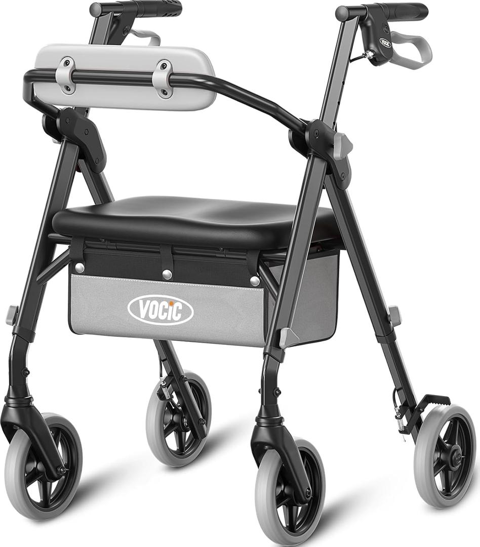 VOCIC Walkers for Seniors, Z11 Rollator Walker with Seat, Max 380 lbs, Avant Walkers with Ergo Seat & Backrest, Foldable Rollator Adjustable Height, All Terrain Walker, Lightweight