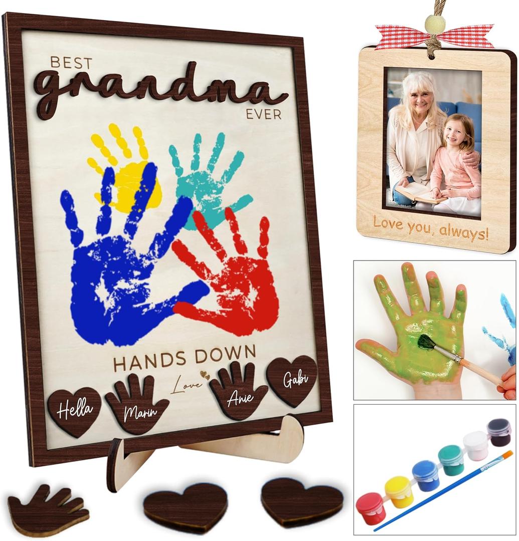 10" Hands Down Best Grandma Ever DIY Handprint Kids Frame with Paints, Car Picture Holder, Photo Ornament, Fridge Magnet, Art Craft Family Keepsake Birthday Father's Day Gift for Nana, Grammy HF620 (10L" x 8W")