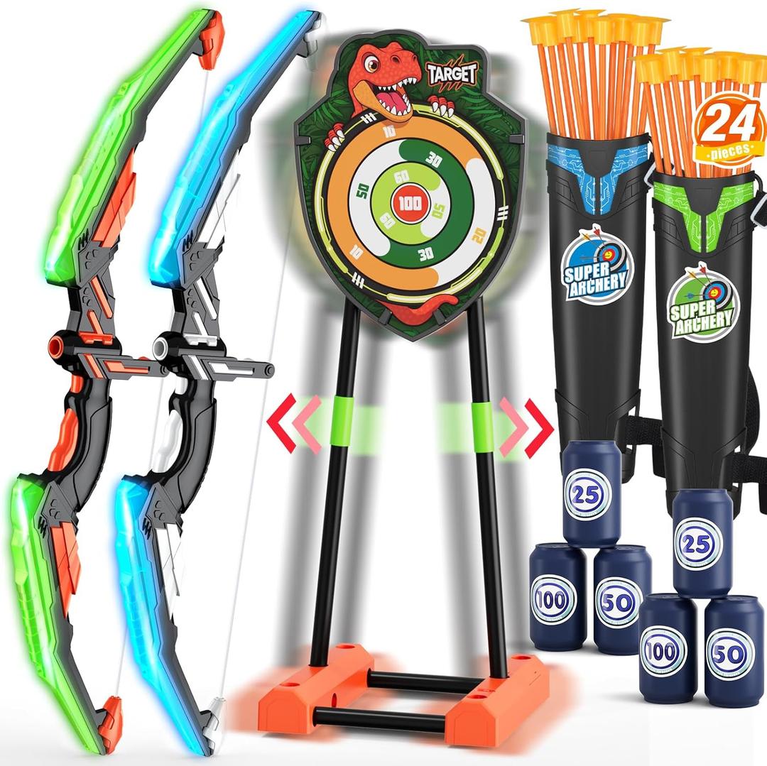 2 Pack Bow and Arrow with Moving Target for Kids, LED Light Up Archery Set with 24 Suction Cup Arrows, 6 Score Targets & 2 Quiver, Indoor Outdoor Sport Gifts for Boys Girls Ages 4-12