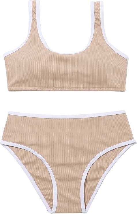 SOLY HUX Girl's Ribbed Knit Contrast Binding Bikini Bathing Suit 2 Piece Swimsuits 9 Years