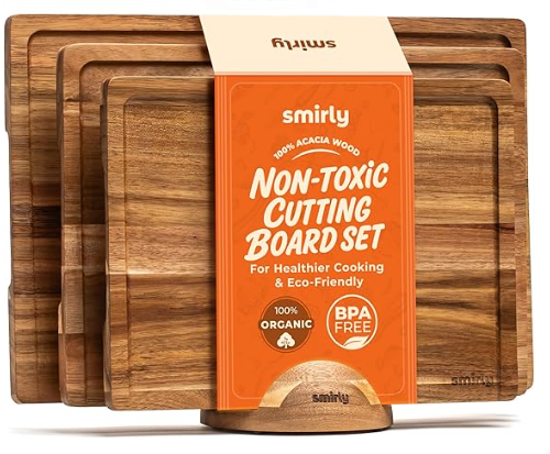 SMIRLY Walnut Wood Cutting Boards for Kitchen, Set of 3 with Holder Large  Small, Walnut Wooden Cutting Board Set with Deep Juice Grooves, Non Toxic Serving Tray, Perfect Mother's Day Gifts