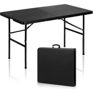 SUPER DEAL Portable 4 Foot Plastic Folding Table, Indoor Outdoor Heavy Duty Fold-in-Half Picnic Party Camping Barbecues Table with Carrying Handle, Black