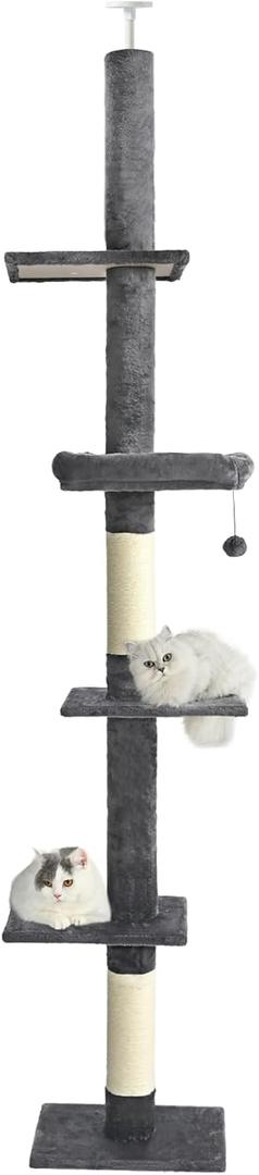 Floor to Ceiling Cat Tree, Cat Tower with Adjustable Height 98-110 Inches, 5 Tiers Tall Cat Tree Floor to Ceiling with Cozy Bed,Platforms, Sisal Scratching Posts for Cats Gray
