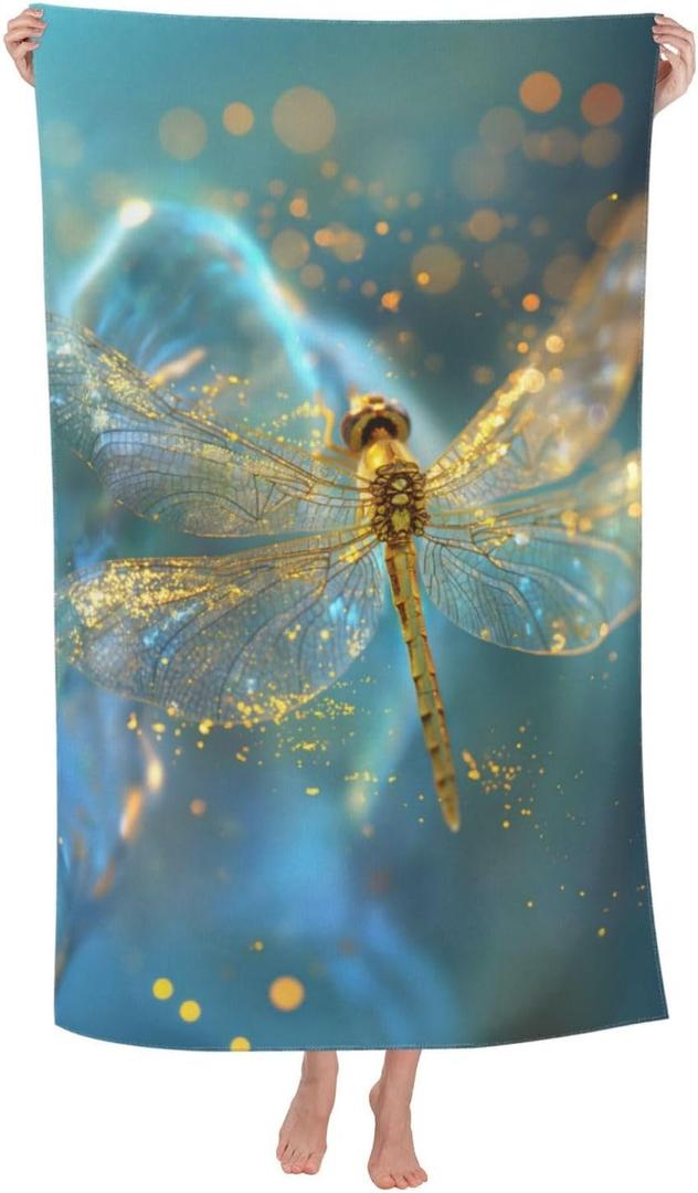 Golden Dragonfly Beach Towel 31inx51in, Cute Sand-Free Microfiber Bath Towel Ultra Soft Quick Dry Pool Towel Absorbent Towel Lightweight Towel for Swimming Bathroom Decor