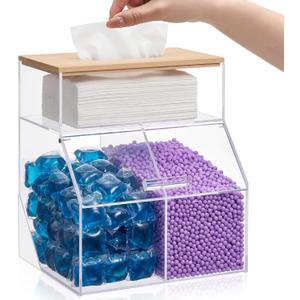 Juexica 3 in 1 Laundry Pods Container & Dryer Sheet Holder & Fragrance Beads Dispenser with Bamboo Lid Acrylic Dishwasher Pods Container Laundry Room Organization Storage for Room Kitchen Home