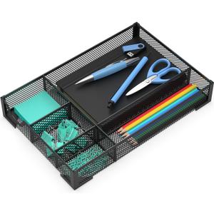 Desk Drawer Organizer, Office Desk Organizer Tray with 5 Dividers, Pen Pencil Drawer Organizer for Office Supplies, Desktop, Bathroom, Kitchen, Makeup, Vanity (1PC-Black-Large)