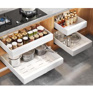 Seinloes 4 Pack Expandable Pull Out Cabinet Organizer 21"Deep With Raising Pad for Framed Cabinets, Upgrade 3 Slide Rails Slide Out Drawers, No Drill Roll Out Shelves, Adjustable Width 12.1"-20.4" White