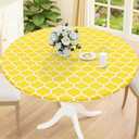 2 x Smiry Round Picnic Tablecloth, Waterproof Elastic Fitted Table Covers for 36" - 44" Tables, Wipeable Flannel Backed Vinyl Tablecloths for Camping, Indoor, Outdoor, Yellow & White, For Up To 36"-44" Round