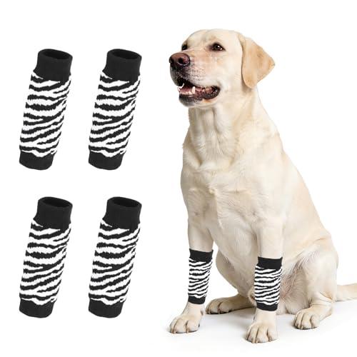 PETAXCELL Dog Leg Warmers, Soft Dog Elbow Protector Sleeve Joint Protection Striped Winter Warm Knitted Pet Leg Sock, (Black White, XL, 4Pcs), Intended for Small/Medium/Large Puppies Cats