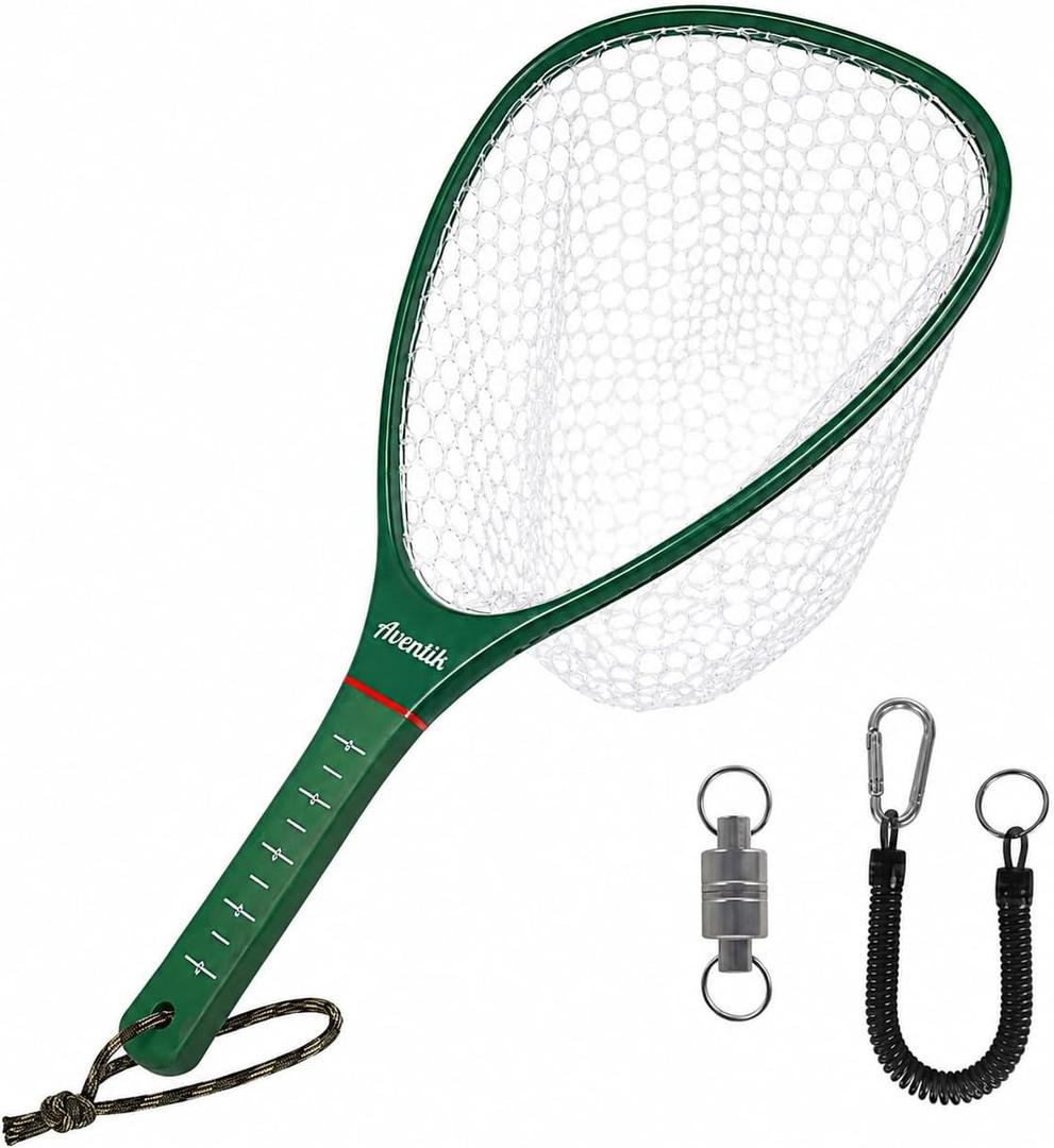   Aventik Fly Floating Fishing Net Carbon Fiber Landing Trout Net Light Weight Clear Rubber Ghost Net Catch & Release, Green, 46 x 33.5 cm (18” x 13”) 7.5” (19 cm) 14” (36 cm)