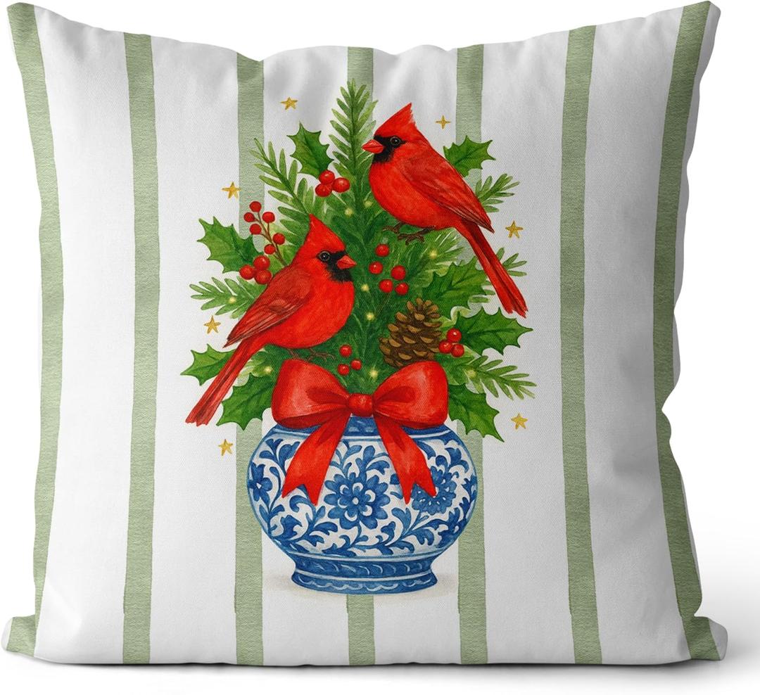 Chinoiserie Christmas Cardinal Pillow Covers 18x18, Cardinal Lovers Gifts, Grandmillennial Christmas Red Bow Bird Tree Decorative Pillow Covers for Home Couch Living Room Bedroom (Color-13)