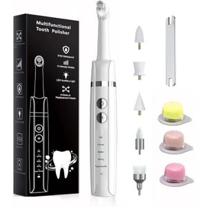 Tooth Polisher, Rechargeable Dental Polisher with 3 Tooth Polish Paste & 5 Brush Heads, Tooth Whitening Kit for Teeth Cleaning, LED Light, 5 Speed Modes, Black (White) (1 Ounce (Pack of 1))