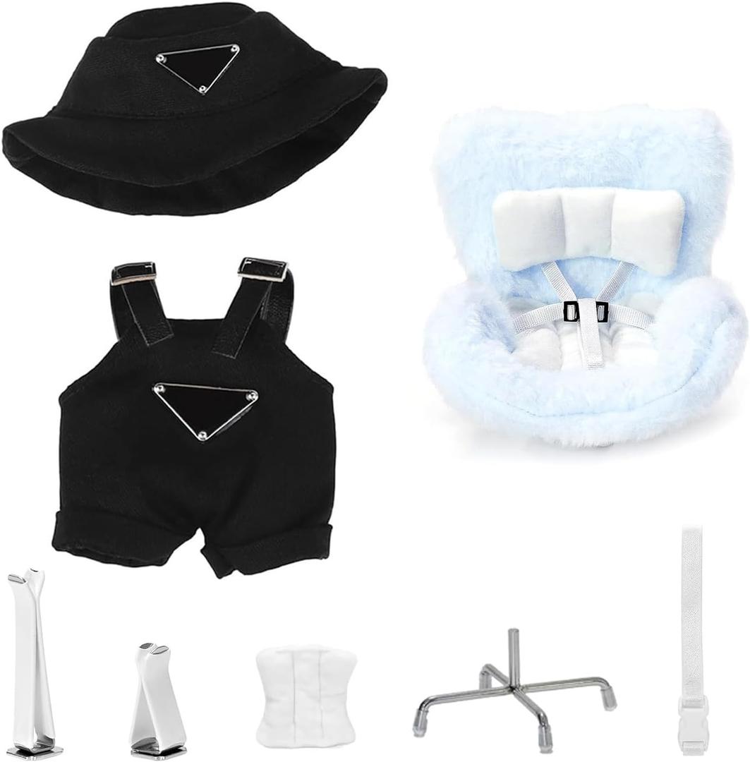 17cm Doll Clothes Set(NO Dolls),Car Seat for 10-17cm Dolls,Outfit Set with Hat & Overalls+Doll Car Seat Vent Clip with Seat Leg,Cute and Functional Accessories Suit+Chair(Black Clothes+Green Dress)