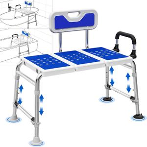 Heavy Duty Width Adjustable Bath Tub Transfer Shower Bench for Inside Tub Extended Shower Chair with Adjustable Height and Reversible Backrest Handicap Shower Chair Seat for Elderly and Disabled