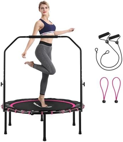 SONGMICS 40 Inches Mini Fitness Trampoline, Fitness Rebounder with Adjustable Handrail, Foldable Trampoline for At-Home Workout, Max. Load 264.6 lb