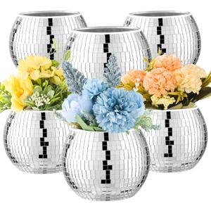 6 Pcs Disco Ball Vase Disco Ball Planter for Centerpieces Disco Ball Decor Flower Vase with Silver Mirror Glass for Wedding, Birthday, Party (4" X 4.7")