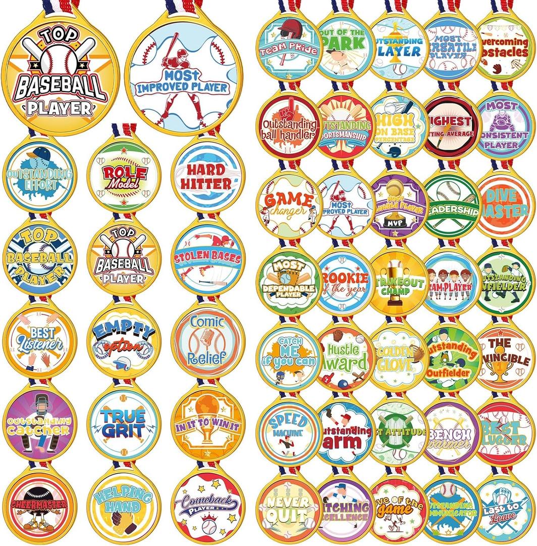 Nosiny 50 Pcs Cute Baseball Award Medals for Kids Gold Baseball Trophy Bulk with 50 Styles Award Stickers 1.5 Inches Neck Ribbon for Team Sports Toddler Preschool School Teacher Coach Favors Gift