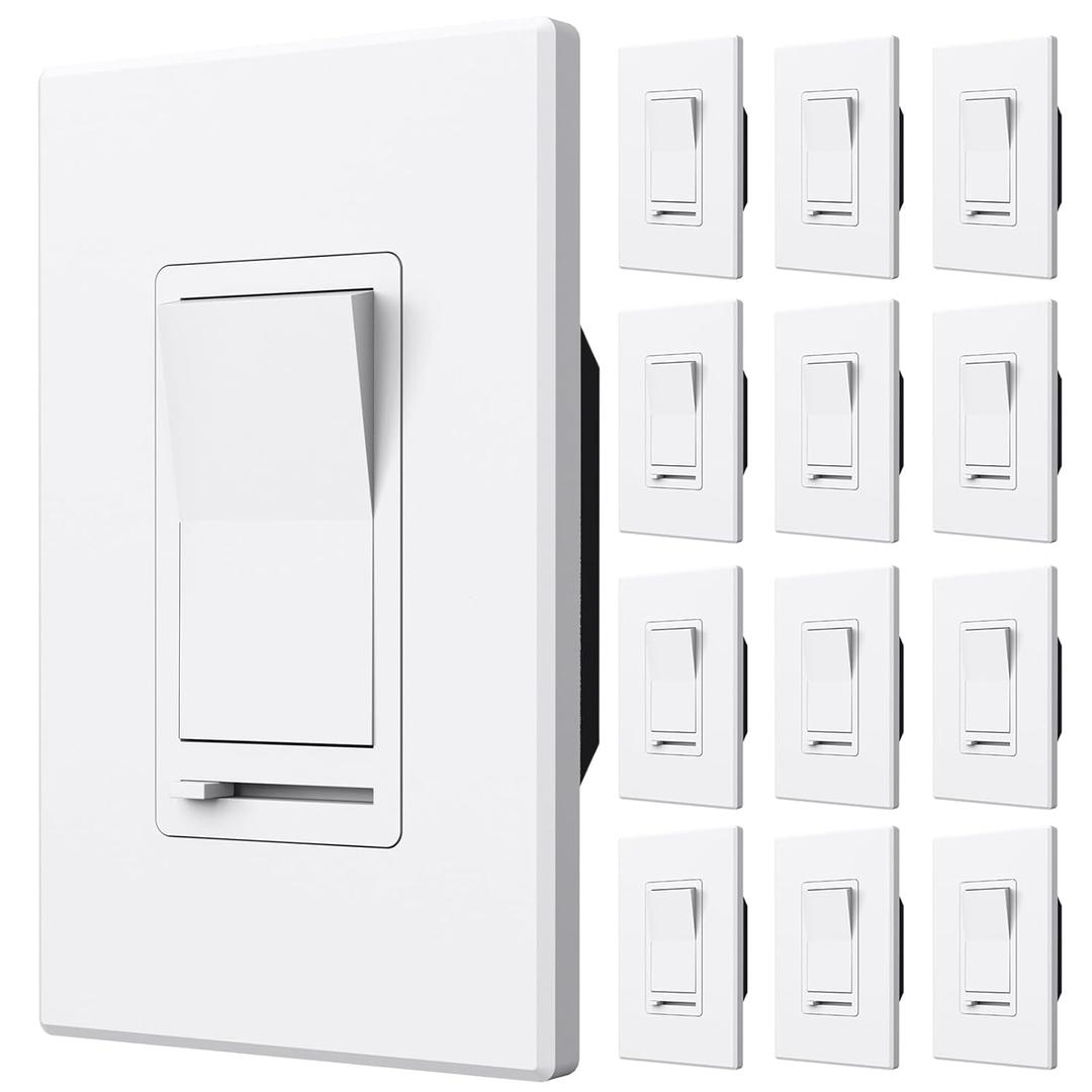 Amico 12 Pack Light Dimmer Switch, No Neutral Wire, Single Pole or 3-Way, for Dimmable LED/CFL (150W) & Halogen/Incandescent (600W), Slide to Dim, White with Wall Plates Included, ETL Listed