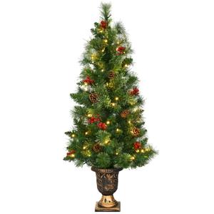 3ft Pre-Lit Christmas Entrance Tree In Urn w/ 40 LED Light Red Berries Pine Cone