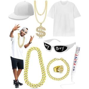 Maiteenly 8 Pcs Hip Hop Rapper Costume Kit 2000s 80s 90s Accessories Outfit for Men Women Adult M