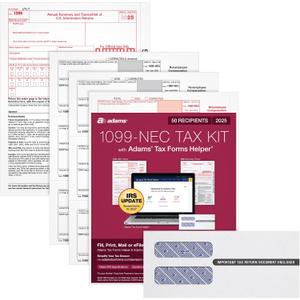 Adams 1099 NEC Forms 2025, 3-Part Kit for 50 Recipients, Includes 50 Envelopes, 6 1096 Forms, QuickBooks Compatible, eFile Access and Printing Through Adams Tax Forms Helper Software (1017232)